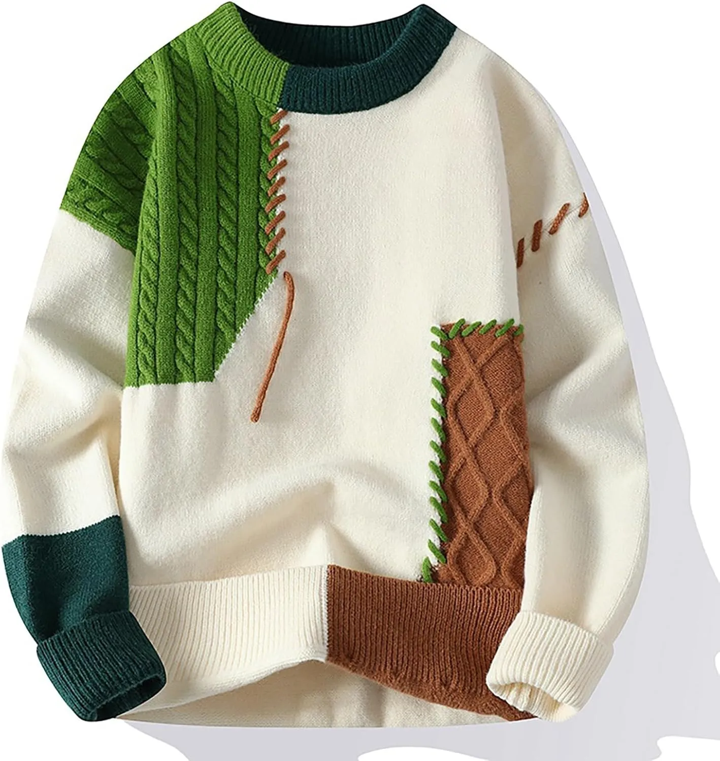 Mens Crewneck Sweater Pullover Color Block Patchwork Ribben Knited Sweaters Lightweight Long Sleeve Streetwear Tops