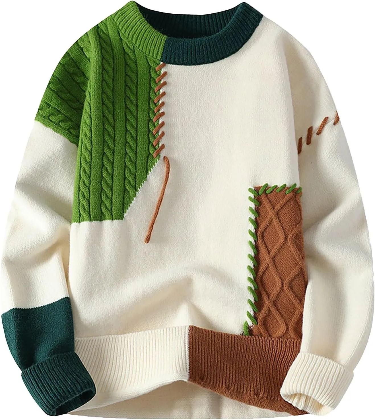 Mens Crewneck Sweater Pullover Color Block Patchwork Ribben Knited Sweaters Lightweight Long Sleeve Streetwear Tops