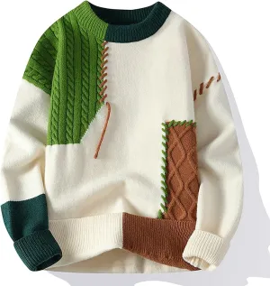 Mens Crewneck Sweater Pullover Color Block Patchwork Ribben Knited Sweaters Lightweight Long Sleeve Streetwear Tops