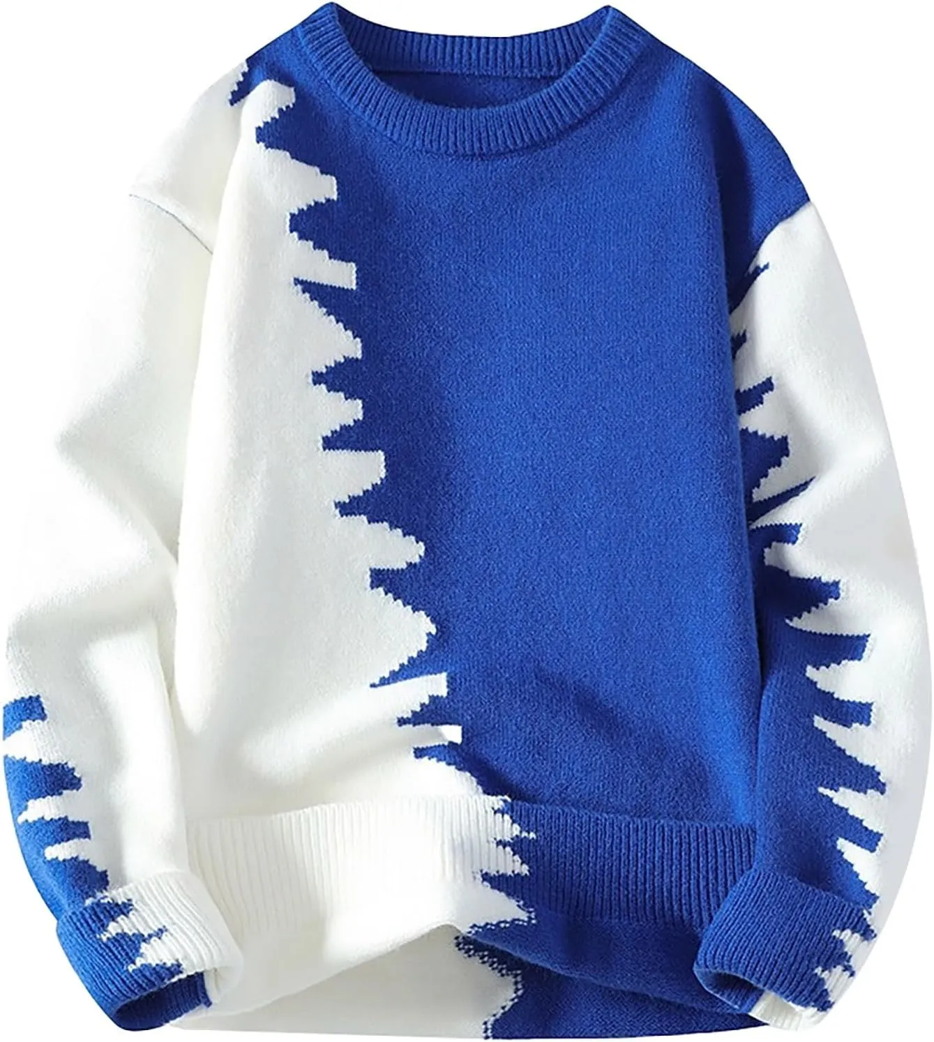 Mens Crewneck Sweater Pullover Color Block Patchwork Ribben Knited Sweaters Lightweight Long Sleeve Streetwear Tops