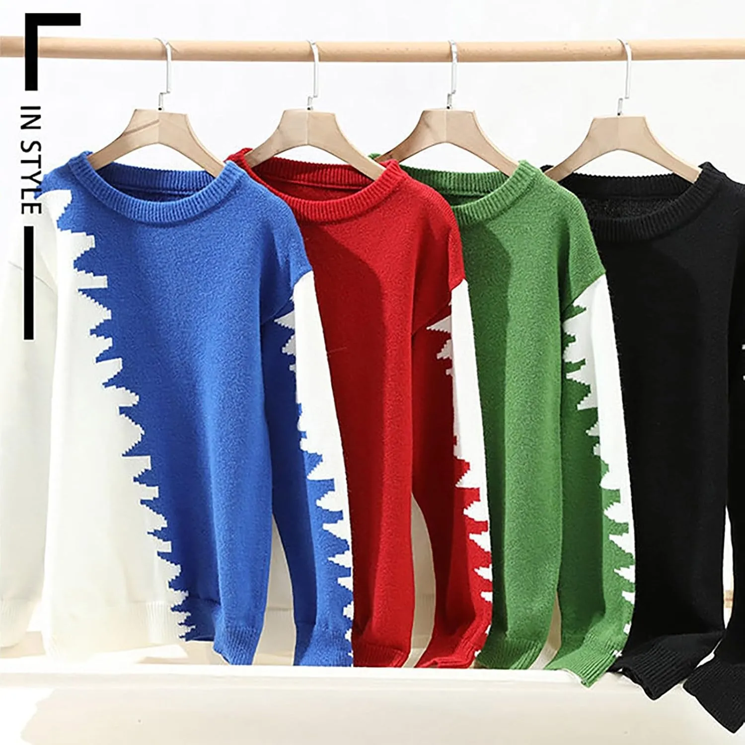Mens Crewneck Sweater Pullover Color Block Patchwork Ribben Knited Sweaters Lightweight Long Sleeve Streetwear Tops