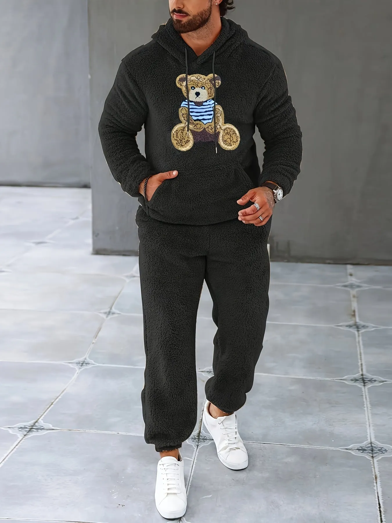 Men's Fleece Hoodie & Sweatpants Set, Casual Fall/Winter Outfit