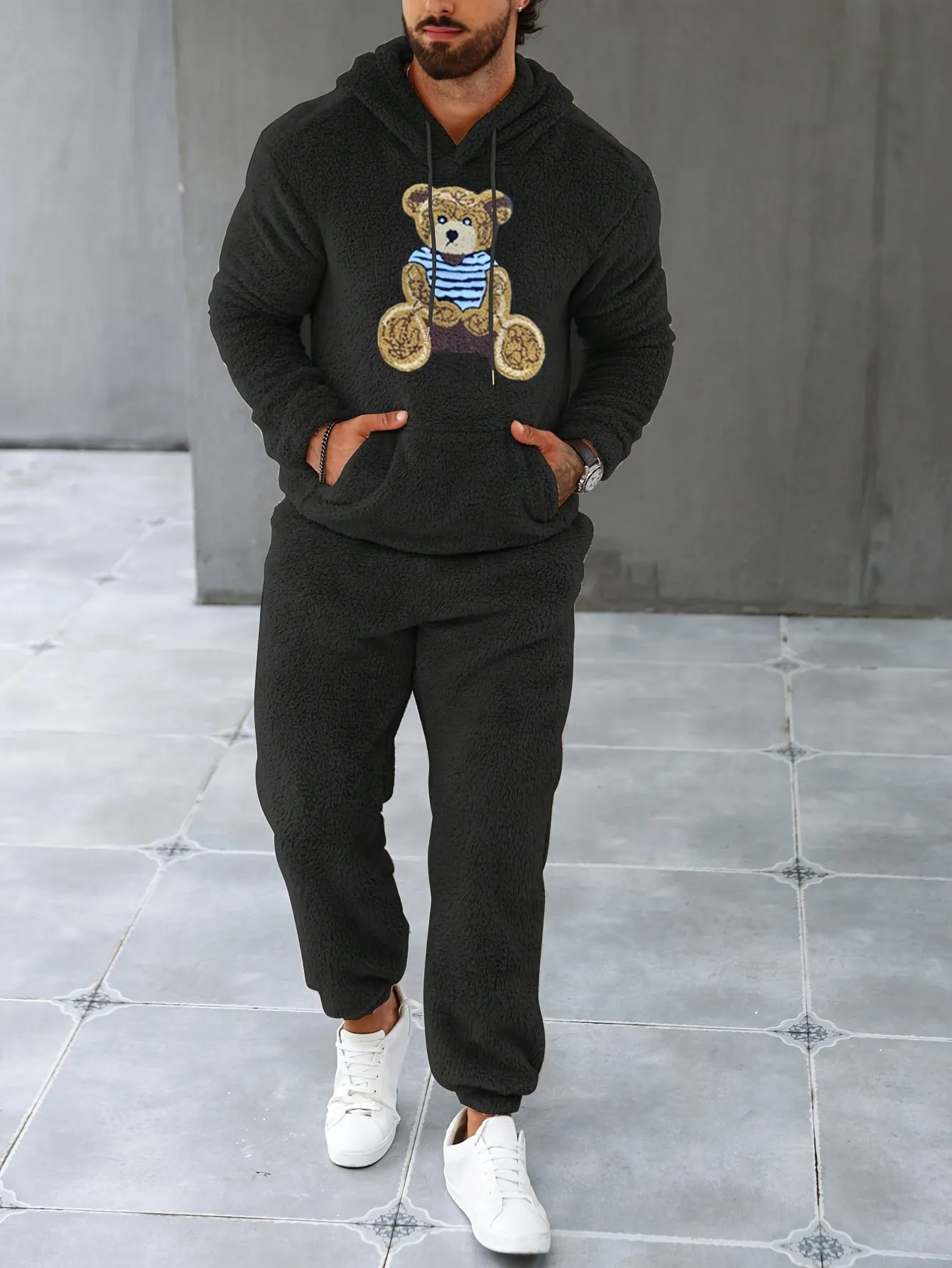 Men's Fleece Hoodie & Sweatpants Set, Casual Fall/Winter Outfit