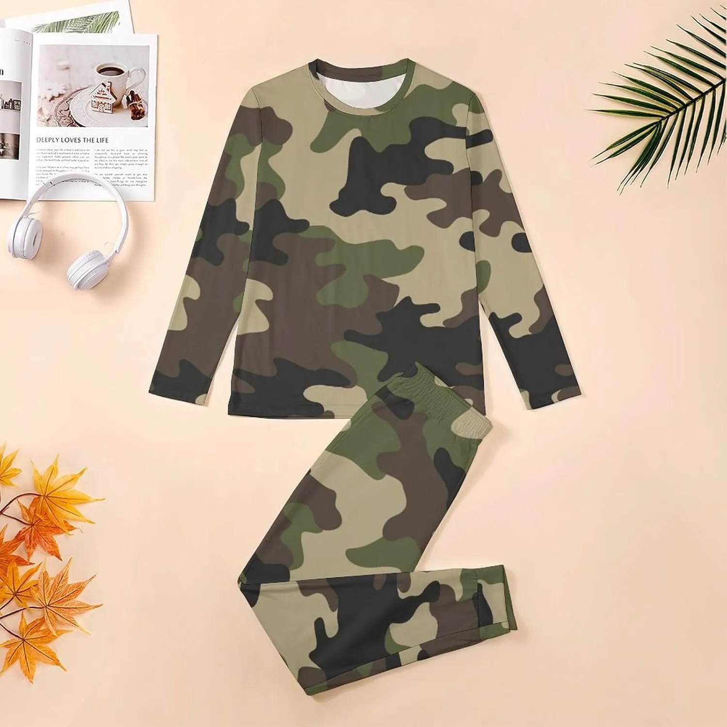 Men's Pajama Suit Army Camo Green Sleepwear Long Sleeve Top & Bottom Pant Loungewear PJ Set Cozy Nightwear