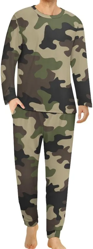 Men's Pajama Suit Army Camo Green Sleepwear Long Sleeve Top & Bottom Pant Loungewear PJ Set Cozy Nightwear