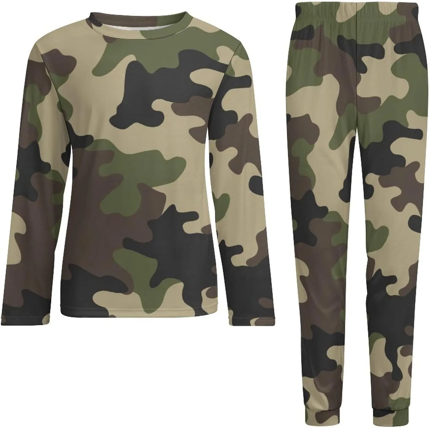 Men's Pajama Suit Army Camo Green Sleepwear Long Sleeve Top & Bottom Pant Loungewear PJ Set Cozy Nightwear