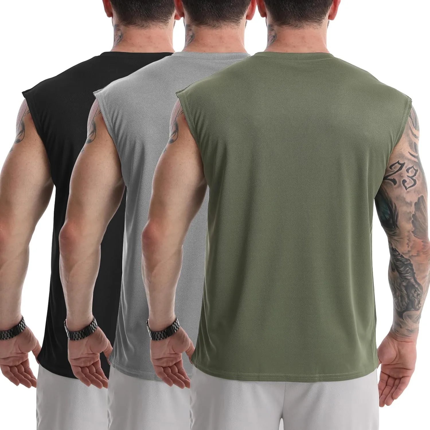 Men's Tank Tops 3 Pack Sleeveless Workout Mesh Material Quick Dry Athletic Running Gym Muscle Beach Fitness Shirts