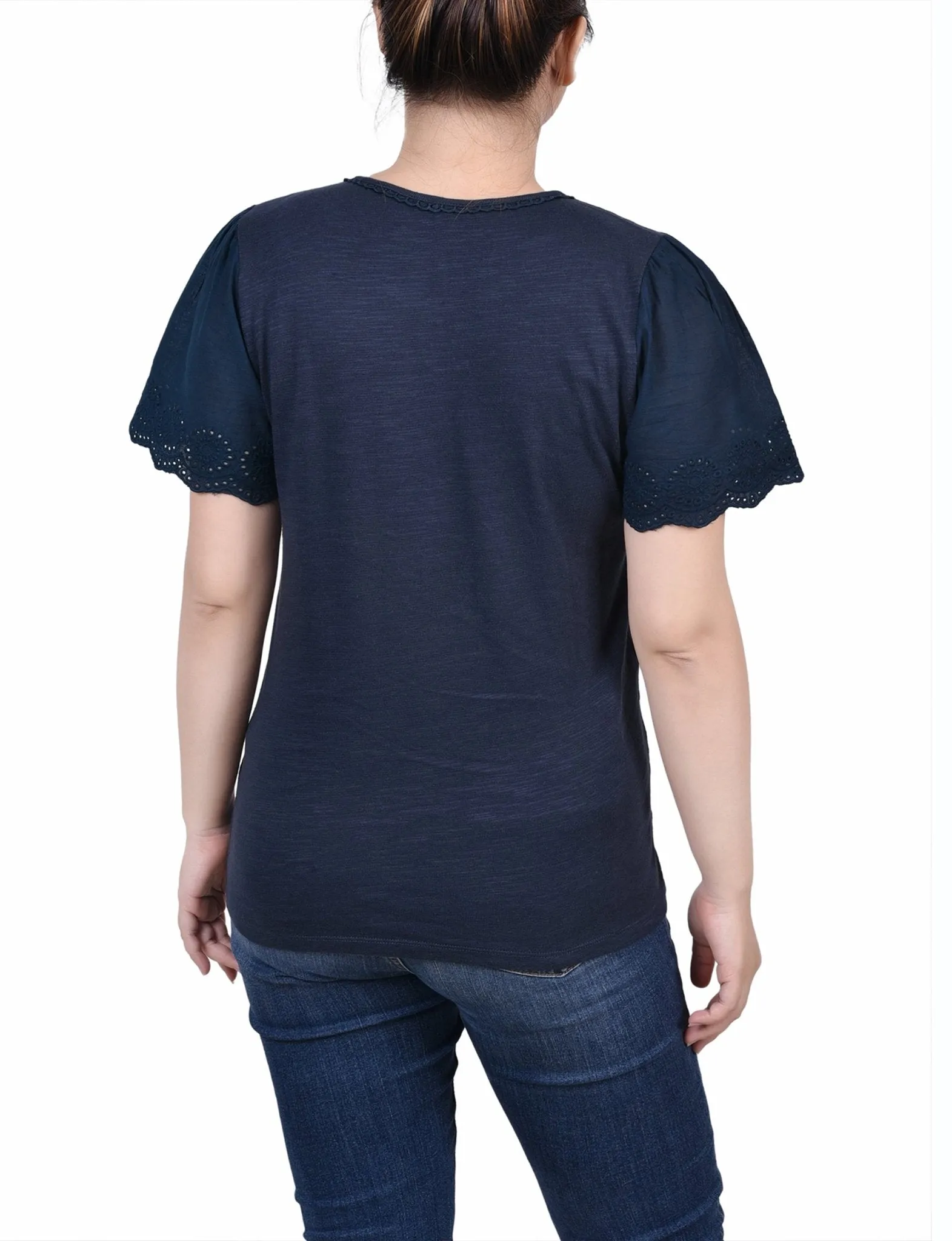 Midnight Navy Short Flutter Eyelet Sleeve Pullover