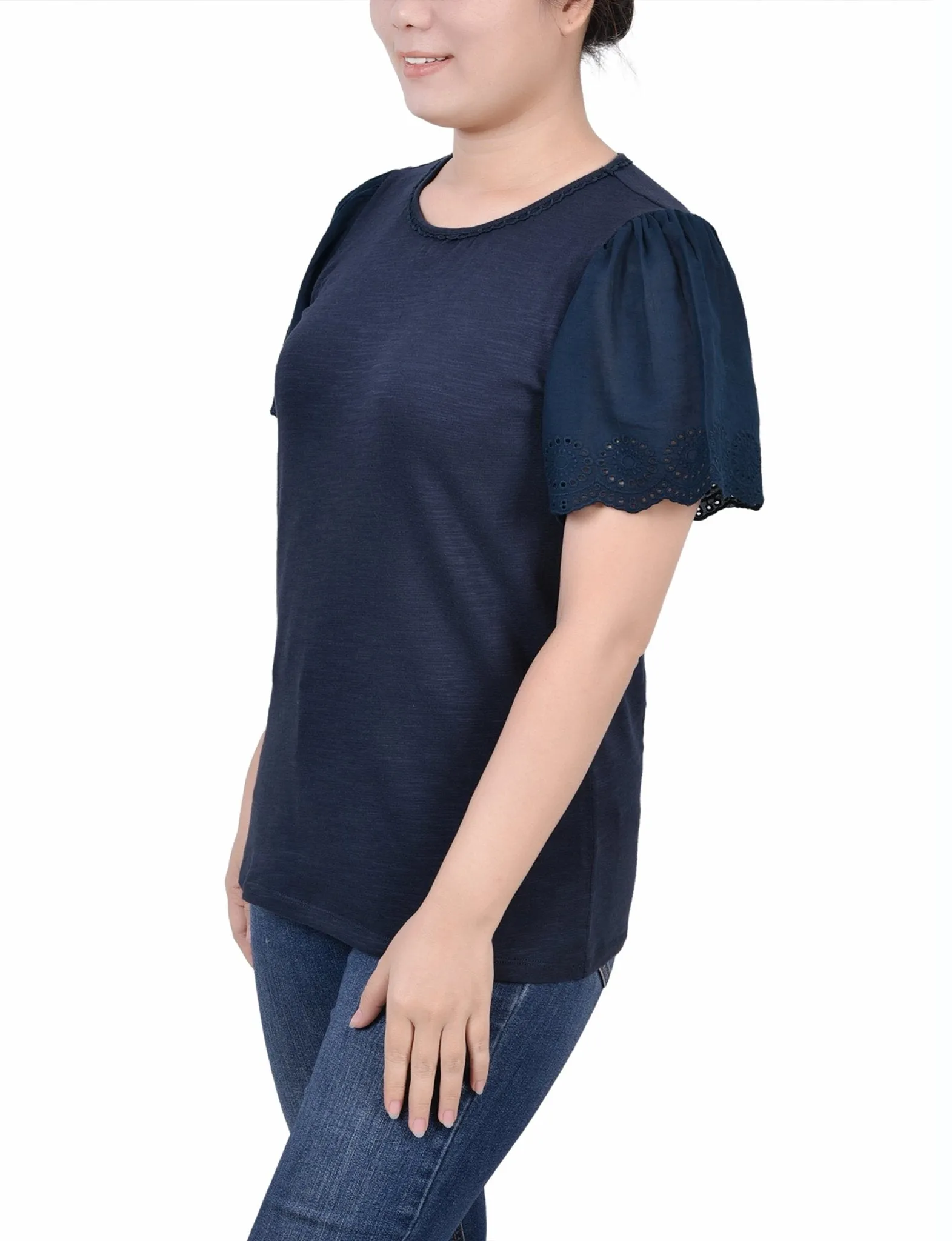 Midnight Navy Short Flutter Eyelet Sleeve Pullover
