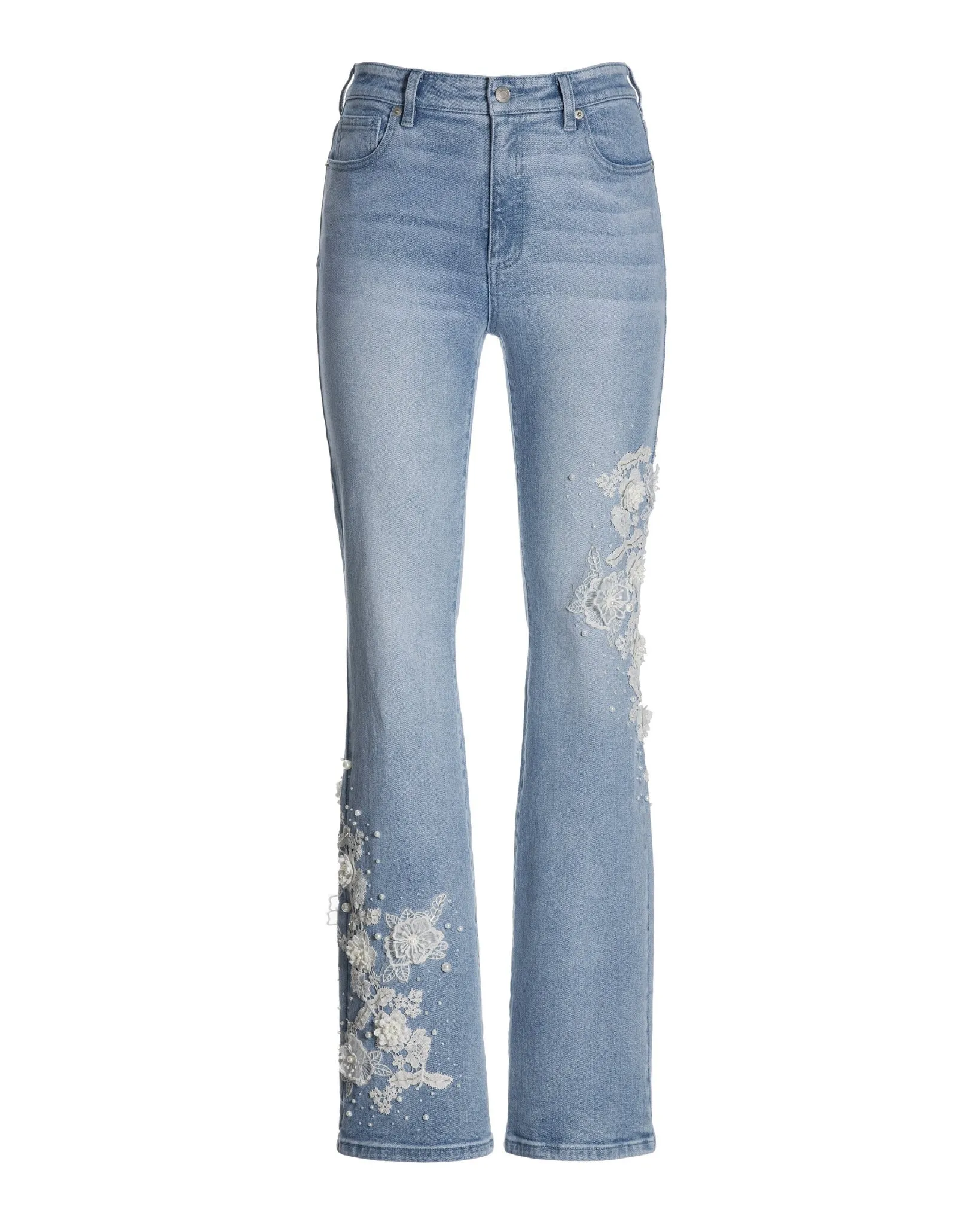 Monterey Floral Lace and Pearls Bootcut Jean Denim Blue/White