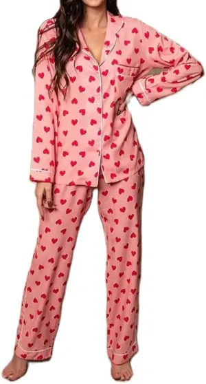 NUFIWI Valentines Heart Print 2 Piece Loungewear Set Long Sleeve Button Up Top and Pants Cute Pj Sleepwear Nightwear