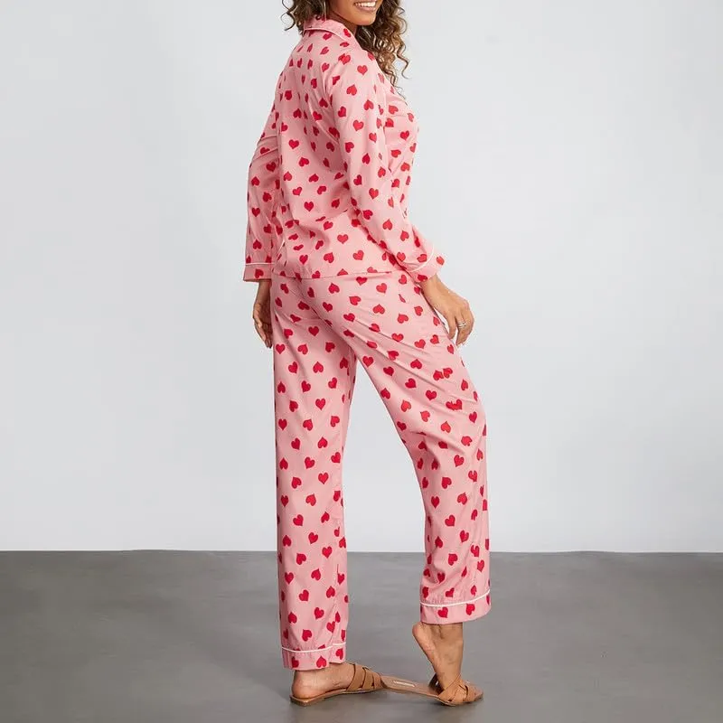 NUFIWI Valentines Heart Print 2 Piece Loungewear Set Long Sleeve Button Up Top and Pants Cute Pj Sleepwear Nightwear