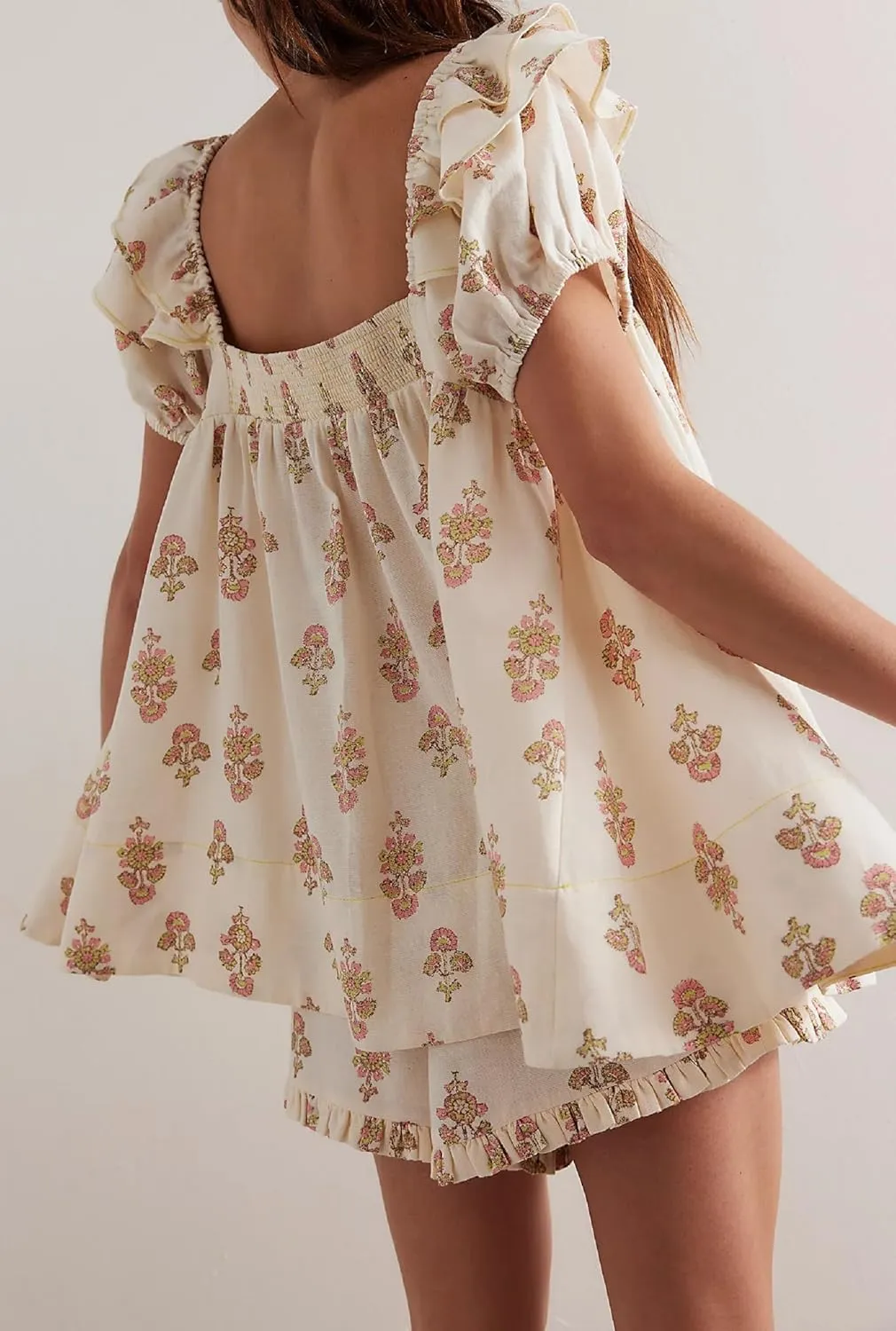 NUFIWI Women Floral Babydoll Tops 2 Piece Lounge Sets Square Neck Puffy Short Sleeves Peplum Shirt and Shorts Pajams Suits