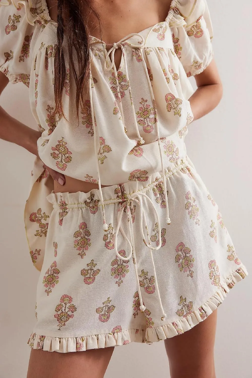NUFIWI Women Floral Babydoll Tops 2 Piece Lounge Sets Square Neck Puffy Short Sleeves Peplum Shirt and Shorts Pajams Suits
