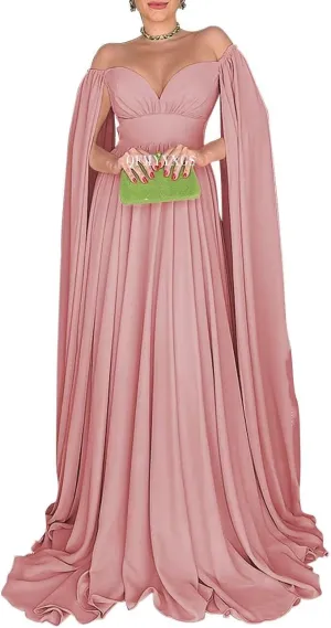 Off Shoulder Prom Dresses with Cape Sleeve for Women Elegant Formal Evening Gowns A-Line Wedding Guest Dress