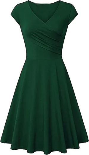 OMZIN Women's Elegant V-Neck Dress Short Sleeve Solid Color Runway Evening Dress
