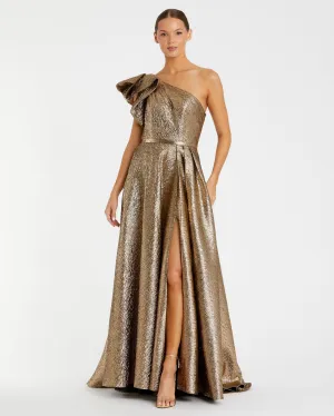 One shoulder metallic ballgown - Antique Bronze