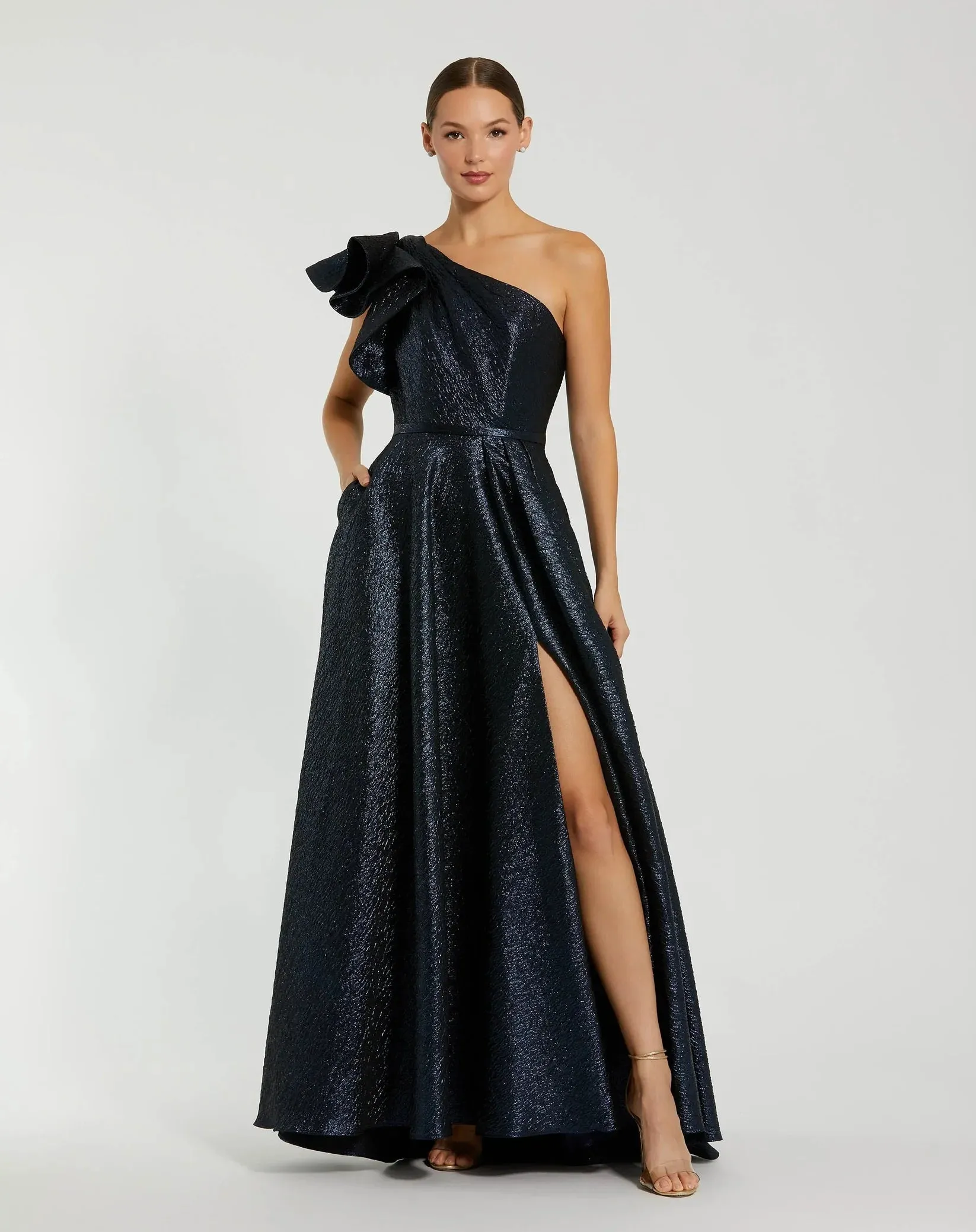 One shoulder metallic ballgown - Antique Bronze