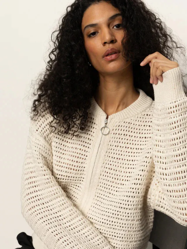 Open Knit Bomber Jacket - Chalk