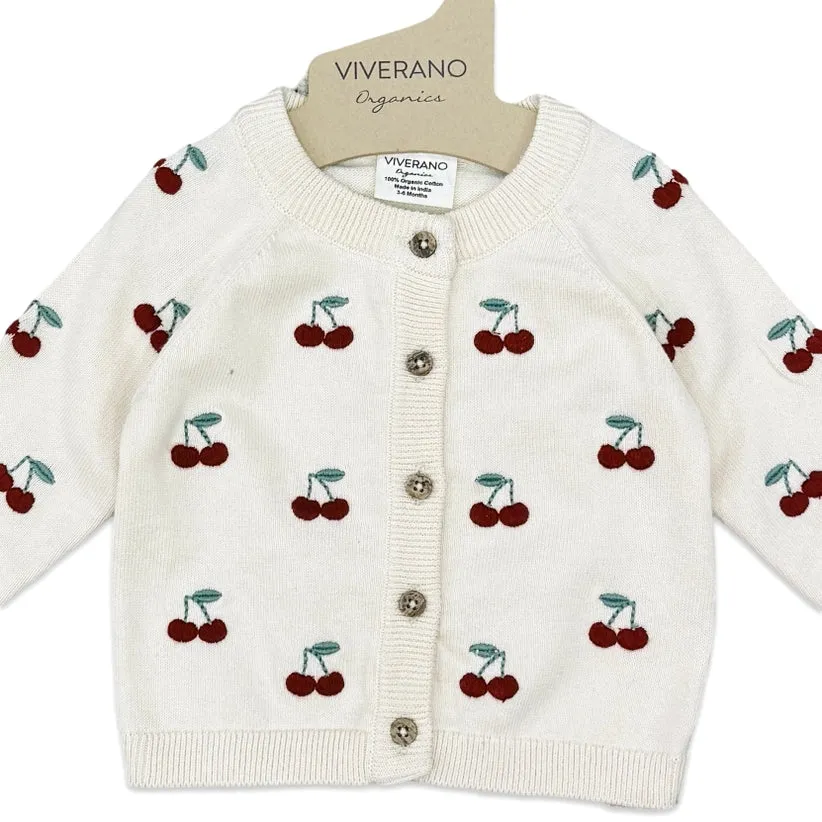 Organic Cherry Embroidered Sweater Knit Baby Cardigan