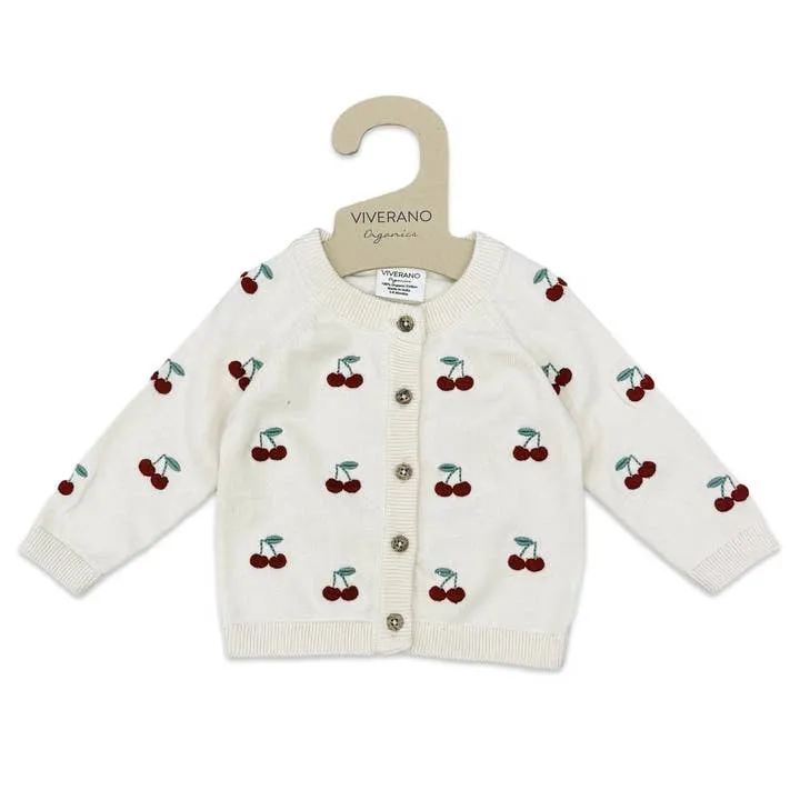Organic Cherry Embroidered Sweater Knit Baby Cardigan