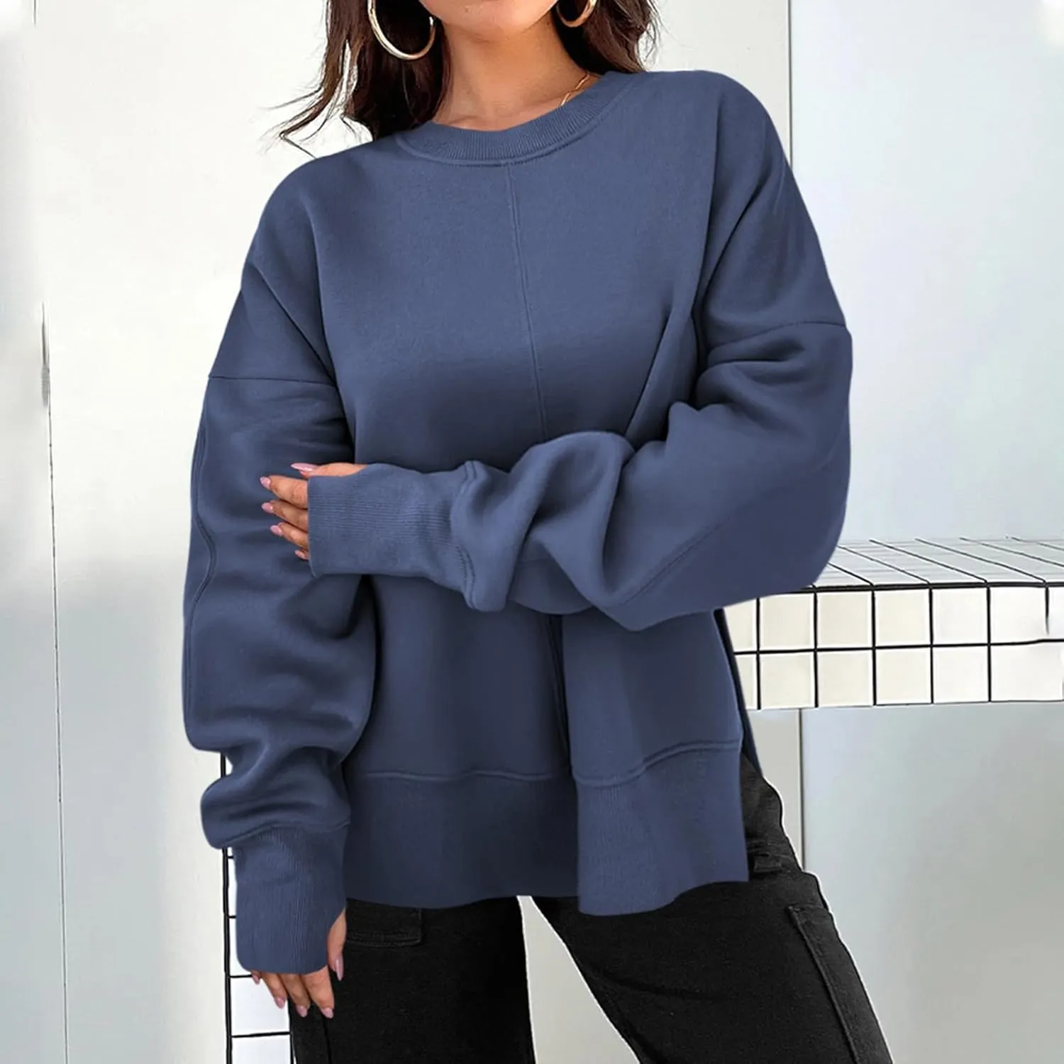 Oversized Sweatshirts for Women 2024 Fall Crew Neck Long Sleeve Tunic Tops Hoodless Cute Side Slit Pull Over Outfits