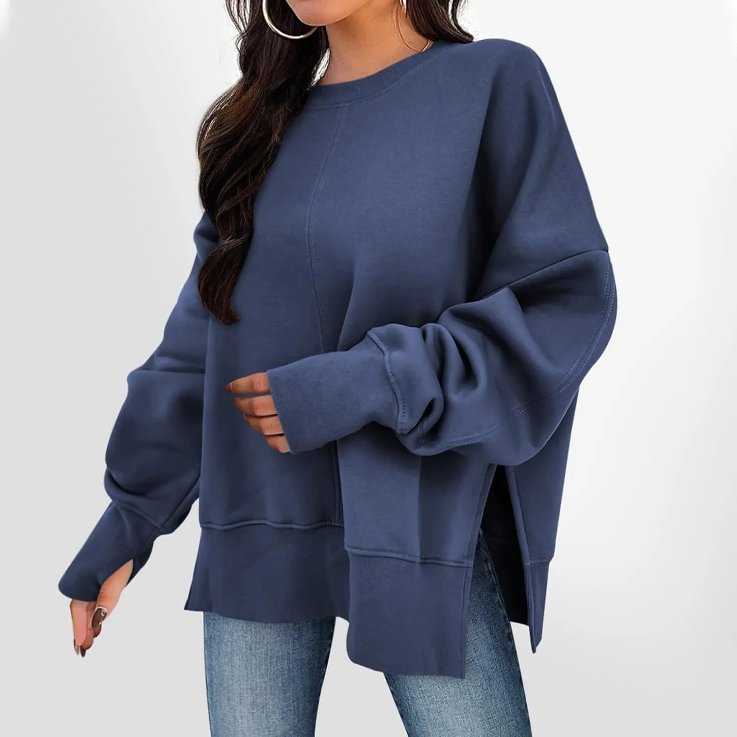 Oversized Sweatshirts for Women 2024 Fall Crew Neck Long Sleeve Tunic Tops Hoodless Cute Side Slit Pull Over Outfits