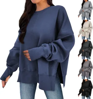 Oversized Sweatshirts for Women 2024 Fall Crew Neck Long Sleeve Tunic Tops Hoodless Cute Side Slit Pull Over Outfits