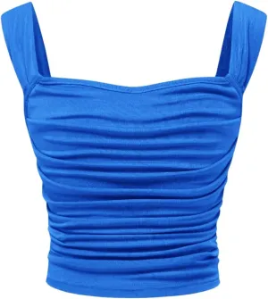 OYOANGLE Girl's Sleeveless Square Neck Wide Straps Ruched Tank Top Solid Slim Fit Crop Tops