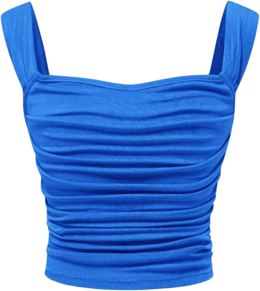 OYOANGLE Girl's Sleeveless Square Neck Wide Straps Ruched Tank Top Solid Slim Fit Crop Tops