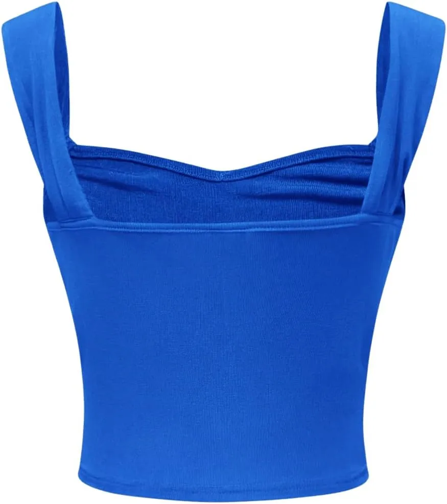 OYOANGLE Girl's Sleeveless Square Neck Wide Straps Ruched Tank Top Solid Slim Fit Crop Tops