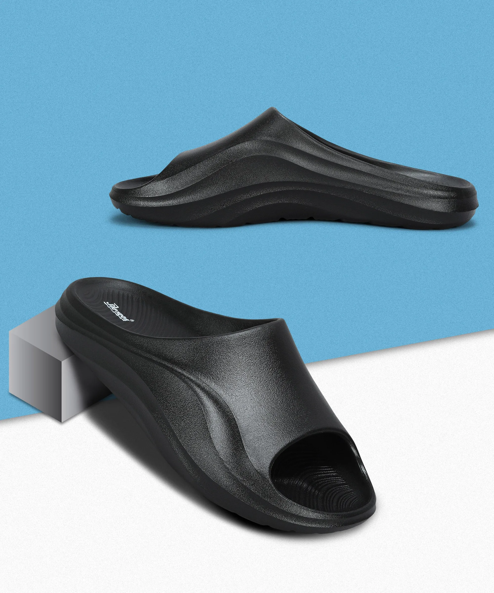 Paragon Men's Watreproof Black Sliders with Comfortable Anti-Skid Sole
