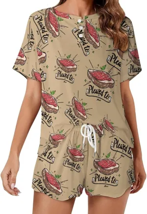 Pleased to Meat Funny Women's Pajama Sets Short Sleeve Shirt And Shorts Cozy Sleepwear Loungewear Pjs