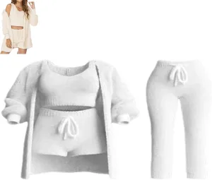 Pleshycozy Womens, Pleshy Cozy Knit Set, 4/3Piece PleshyCozy Pajama Set, Plush Cardigan Pajama Loungewear Set
