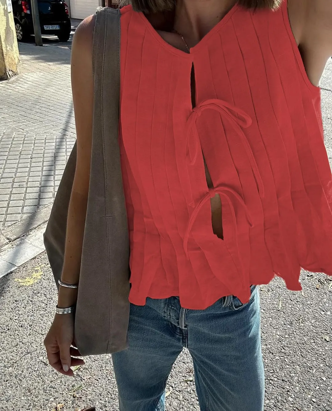 POHADON Womens Y2k Vest Tank Tops Cute Ruffle Cotton Linen Tie Front Shirt Going Out Pleated Summer Cute Lace Up Clothes