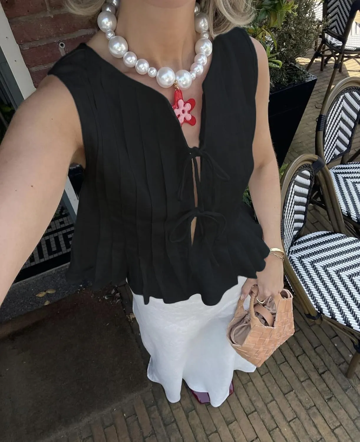 POHADON Womens Y2k Vest Tank Tops Cute Ruffle Cotton Linen Tie Front Shirt Going Out Pleated Summer Cute Lace Up Clothes