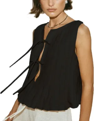 POHADON Womens Y2k Vest Tank Tops Cute Ruffle Cotton Linen Tie Front Shirt Going Out Pleated Summer Cute Lace Up Clothes