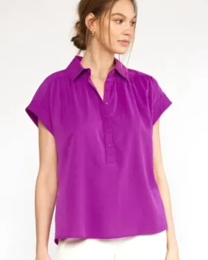 Purple Button Front Short Sleeve Collared Top