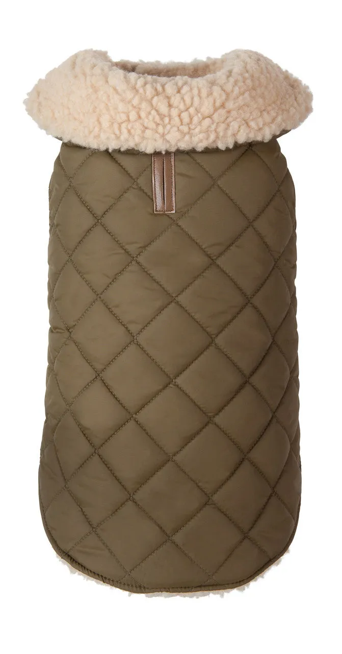 QUILTED SHEARLING OLIVE DOG JACKET