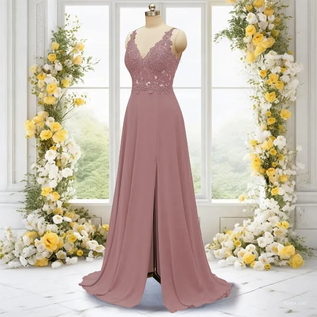 Rjer Chiffon Lace Applique Bridesmaid Dresses V Neck A Line Elegant Long Formal Evening Gowns with Slit