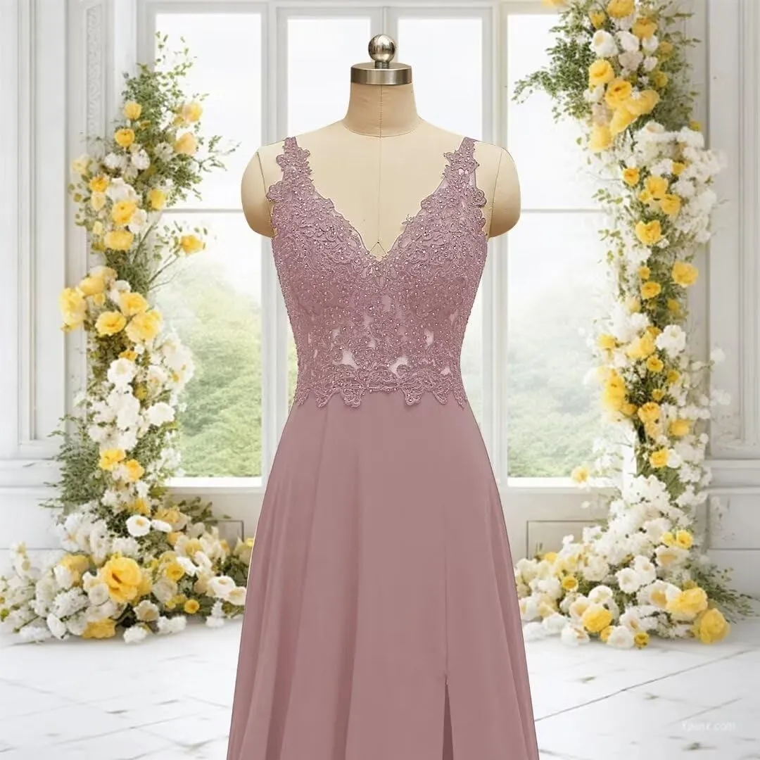 Rjer Chiffon Lace Applique Bridesmaid Dresses V Neck A Line Elegant Long Formal Evening Gowns with Slit