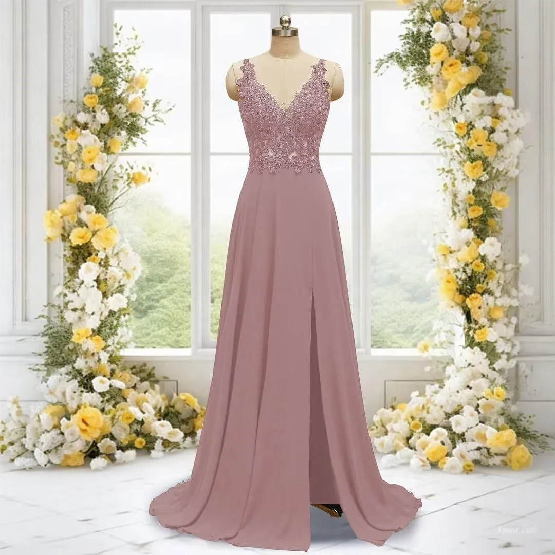 Rjer Chiffon Lace Applique Bridesmaid Dresses V Neck A Line Elegant Long Formal Evening Gowns with Slit