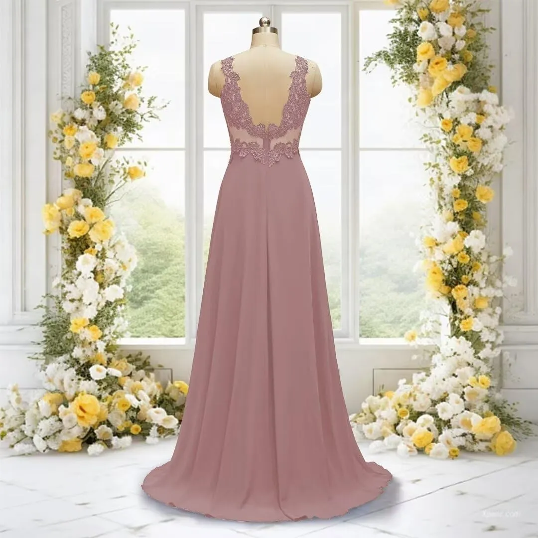 Rjer Chiffon Lace Applique Bridesmaid Dresses V Neck A Line Elegant Long Formal Evening Gowns with Slit