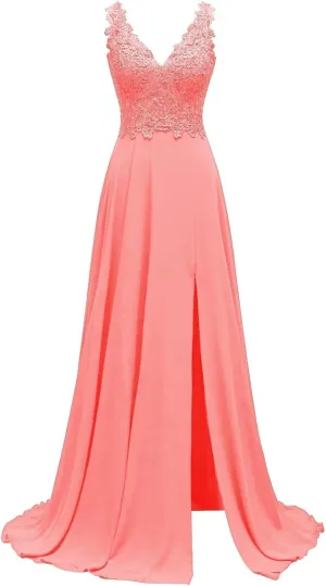 Rjer Chiffon Lace Applique Bridesmaid Dresses V Neck A Line Elegant Long Formal Evening Gowns with Slit