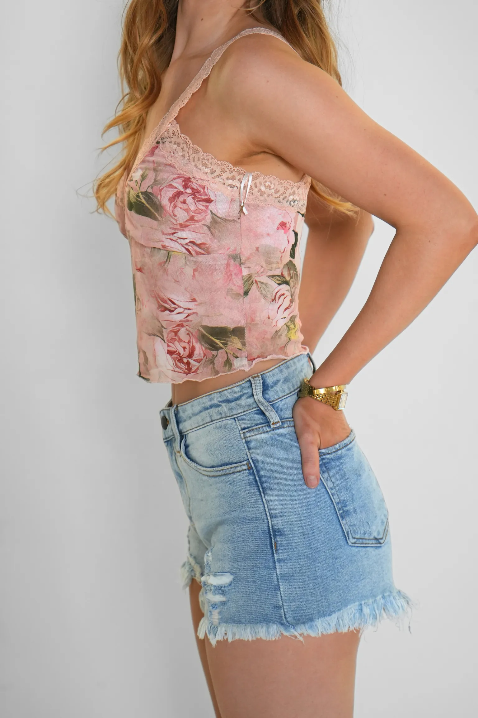 Rose Printed Lace Trim Top