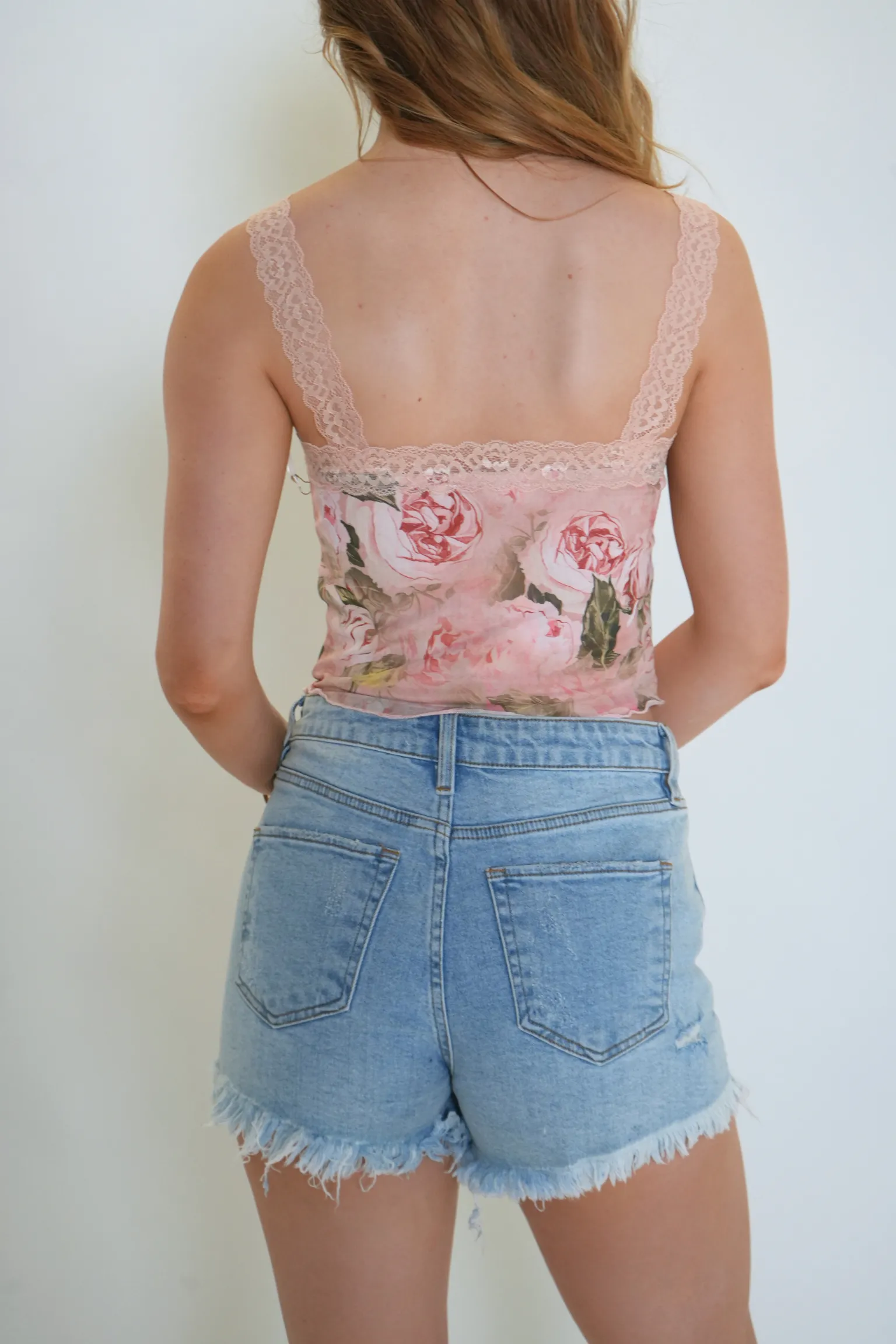 Rose Printed Lace Trim Top