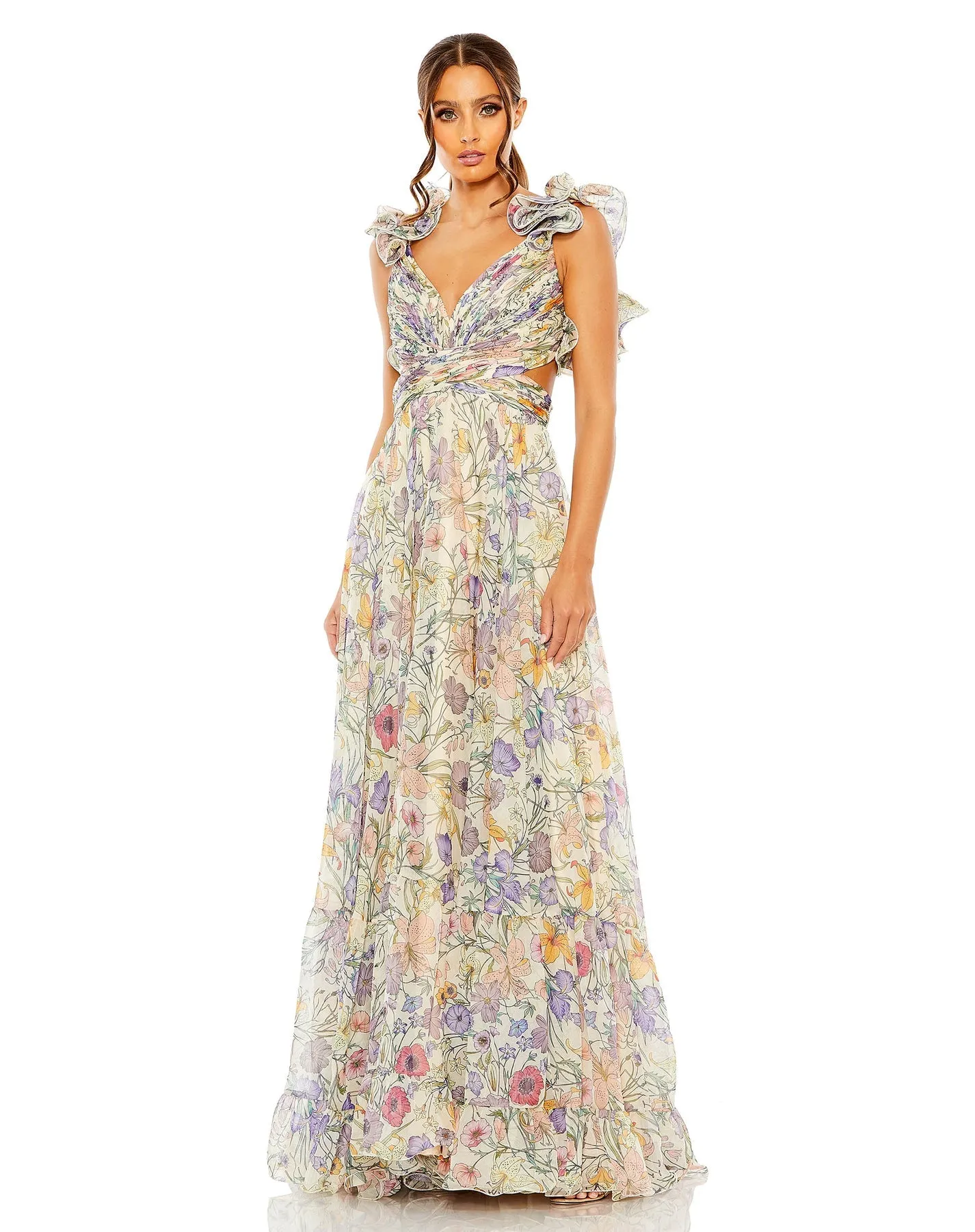 Ruffle tiered cut-out chiffon floral gown - Pink