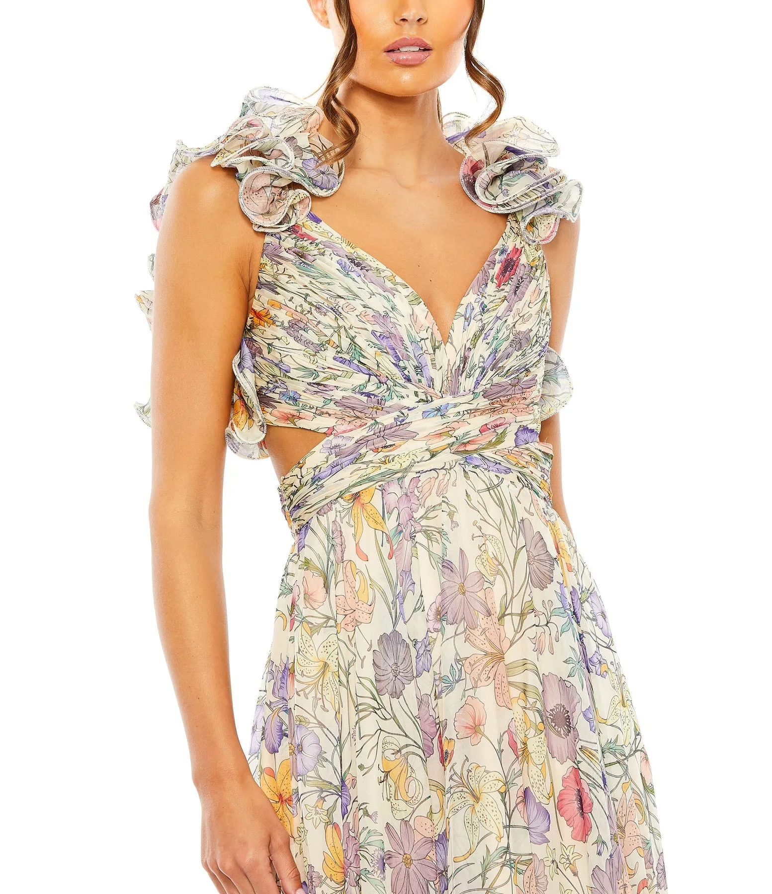 Ruffle tiered cut-out chiffon floral gown - Pink