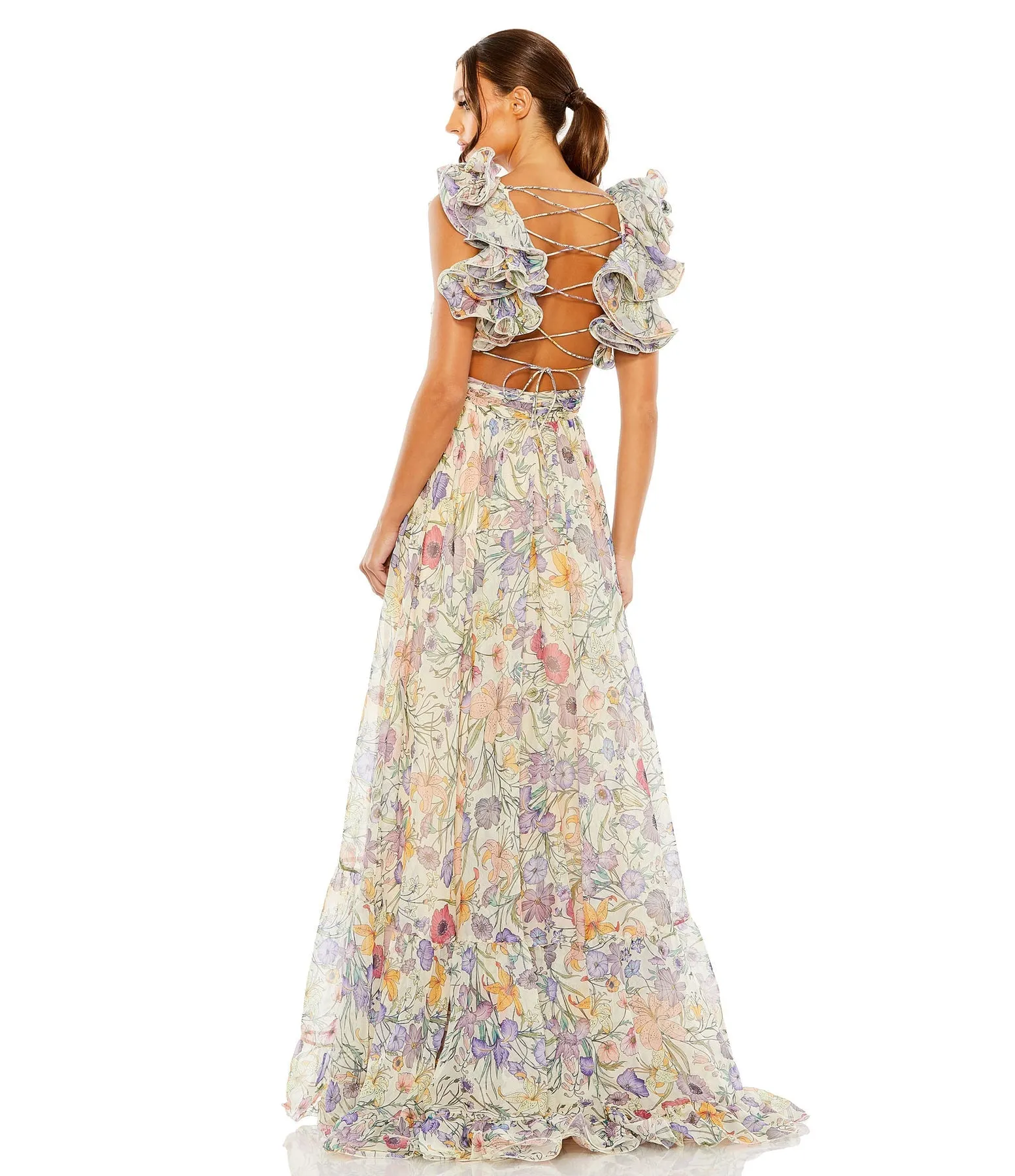 Ruffle tiered cut-out chiffon floral gown - Pink