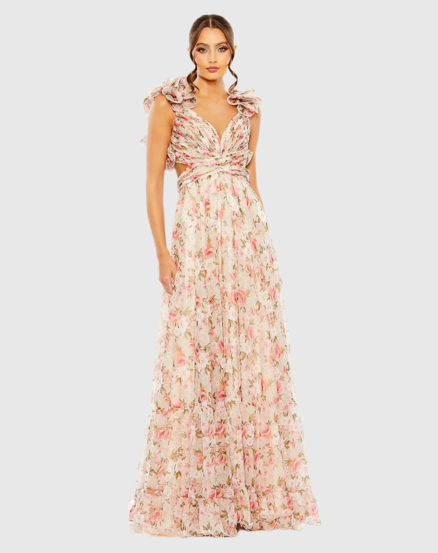 Ruffle tiered cut-out chiffon floral gown - Pink